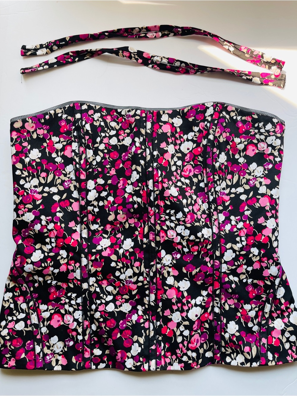 White House/Black Market Floral Strapless Corset Top in Black, Pink & White